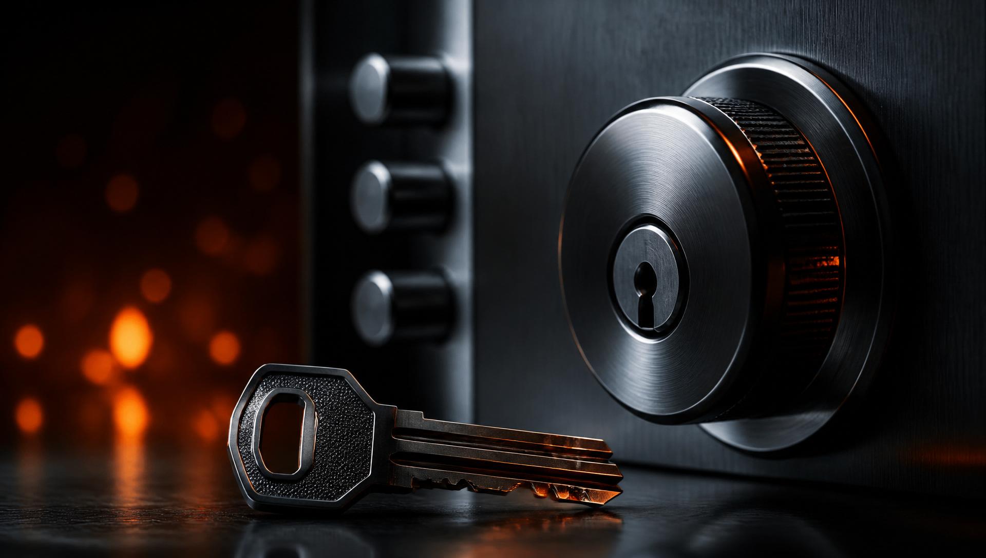 Close-up of a professional security lock and key with dramatic lighting